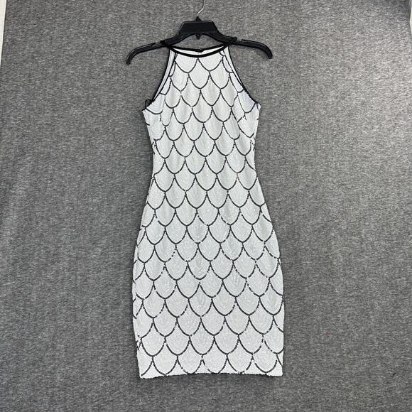 Cache Sequin Halter Dress Size 0 Scallop Flapper Style White Black - Picture 3 of 6
